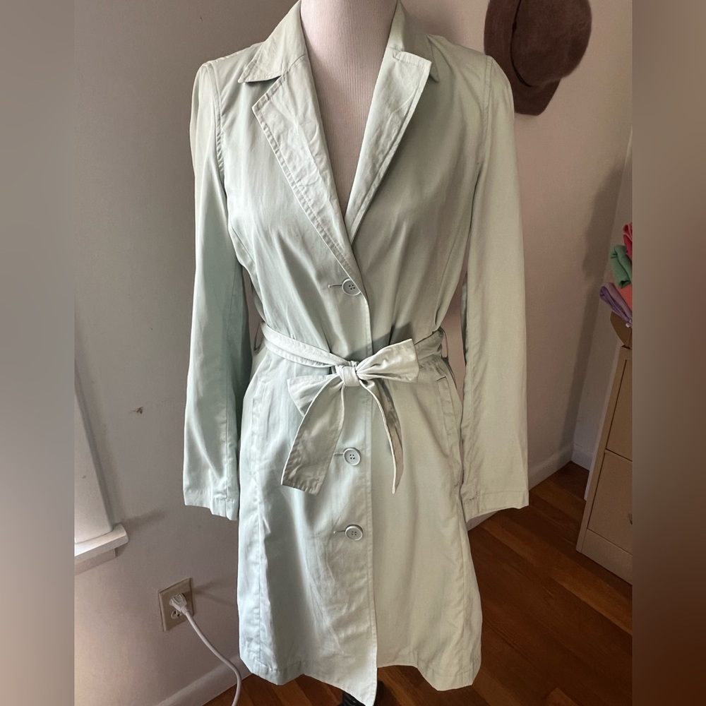 Vintage Zara Mint Green Trench Coat with Belted Waist and Notched Lapel